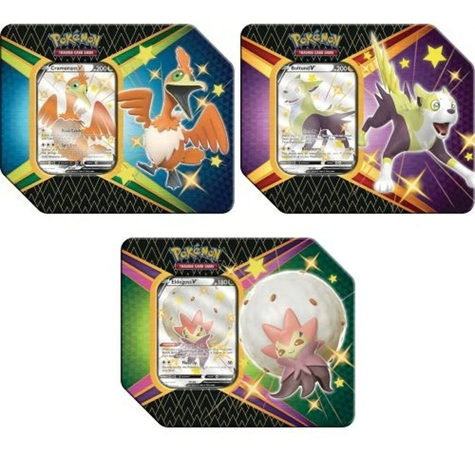 Pokemon Tcg: Shining Fates Tin - Eldegoss V, Boltund V Or Cramorant V Half Case (3 Inside A Case 1 Of Each)